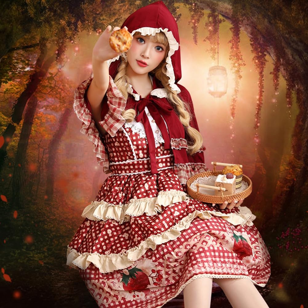 赤ずきん 童話柄 ワンピース JSK ケープ ロリータ ロリィタ 双子 赤 姫袖 赤ずきん 童話柄 ワンピース JSK ケープ ロリータ ロリィタ 双子